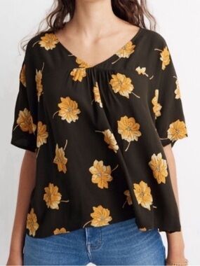 Madewell floral flutter sleeve Rhyme boho green yellow top in Fall flower SZ XS